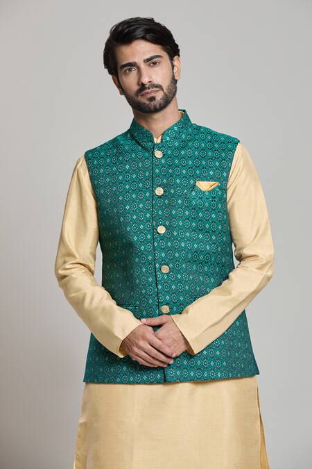 Shop_Arihant Rai Sinha_Green Jacquard, Silk Embroidery Abstract Woven Bundi And Kurta Set _Online_at_Aza_Fashions