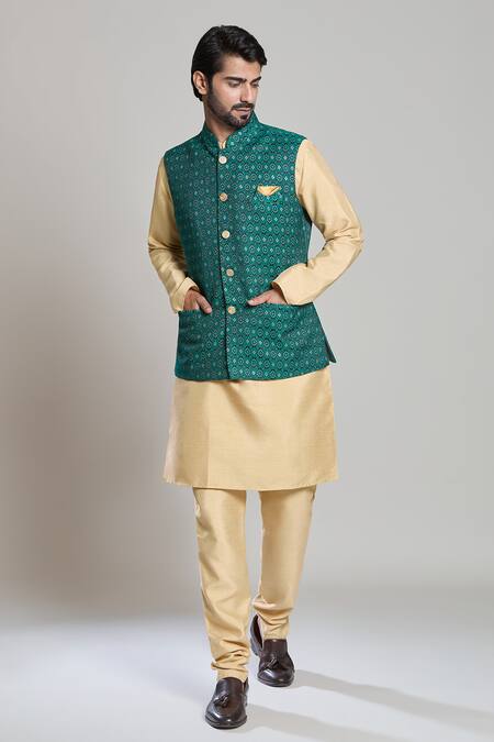 Buy_Arihant Rai Sinha_Green Jacquard, Silk Embroidery Abstract Woven Bundi And Kurta Set 