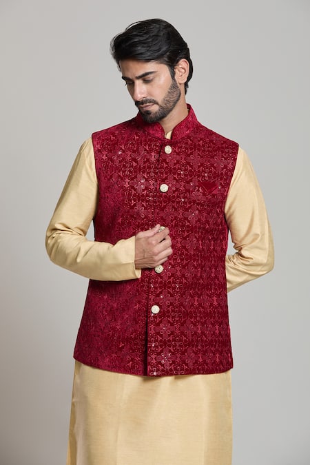 Shop_Arihant Rai Sinha_Maroon Velvet, Silk Sequins, Embroidery Floral Thread Bundi Set _Online_at_Aza_Fashions