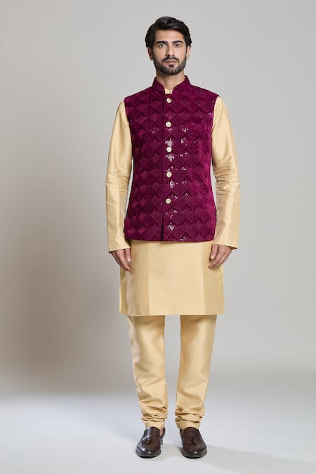 Buy Arihant Rai Sinha Wine Velvet, Silk Sequins Embroidered Bundi And Kurta Set Buy_Arihant Rai Sinha_Wine Velvet, Silk Sequins Embroidered Bundi And Kurta Set