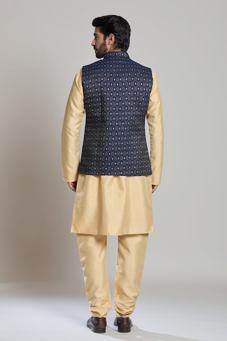 Shop_Arihant Rai Sinha_Blue Jacquard Geometric Pattern Nehru Jacket _at_Aza_Fashions