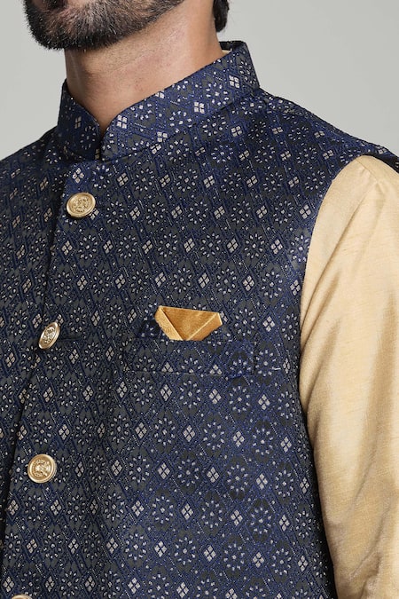 Shop_Arihant Rai Sinha_Blue Jacquard Geometric Pattern Nehru Jacket _Online_at_Aza_Fashions