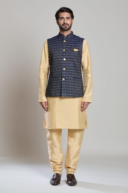 Arihant Rai Sinha_Blue Jacquard Geometric Pattern Nehru Jacket _at_Aza_Fashions