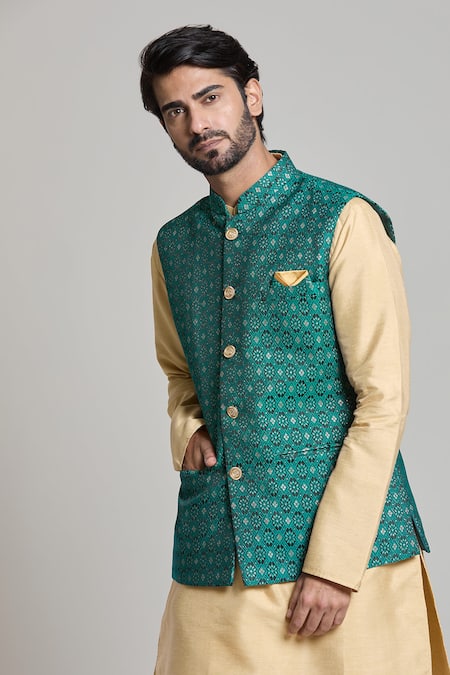 Buy_Arihant Rai Sinha_Green Jacquard Geometric Pattern Nehru Jacket _Online_at_Aza_Fashions