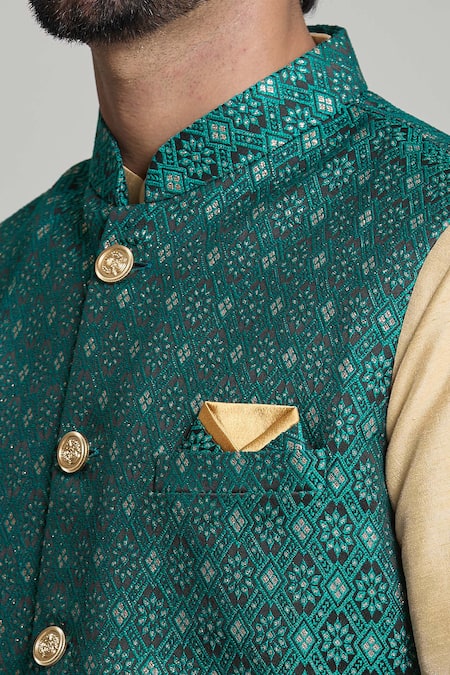 Shop_Arihant Rai Sinha_Green Jacquard Geometric Pattern Nehru Jacket _Online_at_Aza_Fashions