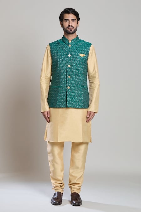 Arihant Rai Sinha_Green Jacquard Geometric Pattern Nehru Jacket _at_Aza_Fashions