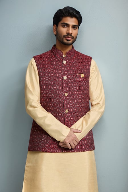 Arihant Rai Sinha Maroon Geometric Floral Nehru Jacket 