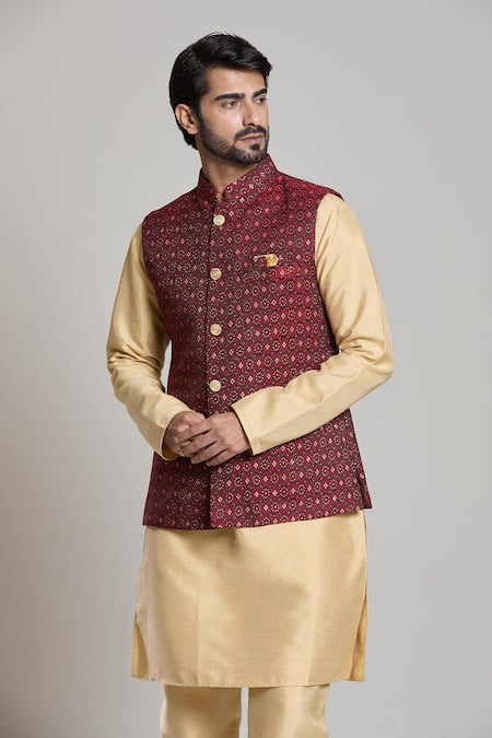 Buy_Arihant Rai Sinha_Maroon Jacquard Geometric Floral Nehru Jacket _Online_at_Aza_Fashions