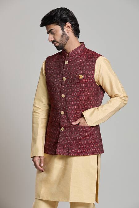 Shop_Arihant Rai Sinha_Maroon Jacquard Geometric Floral Nehru Jacket _Online_at_Aza_Fashions