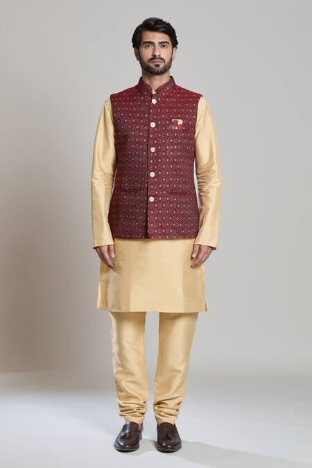 Buy_Arihant Rai Sinha_Maroon Jacquard Geometric Floral Nehru Jacket 