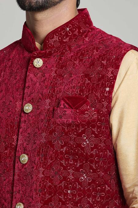 Arihant Rai Sinha_Maroon Velvet Embroidery, Sequins Floral Nehru Jacket _Online_at_Aza_Fashions