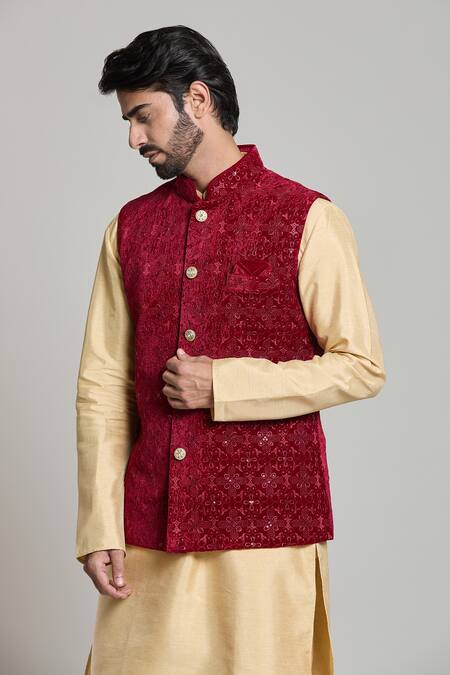 Buy_Arihant Rai Sinha_Maroon Velvet Embroidery, Sequins Floral Nehru Jacket _Online_at_Aza_Fashions