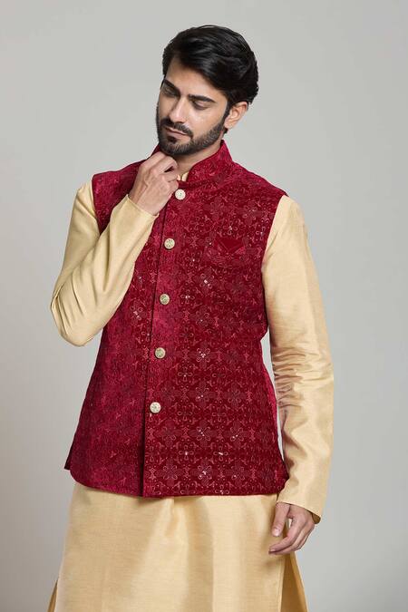Shop_Arihant Rai Sinha_Maroon Velvet Embroidery, Sequins Floral Nehru Jacket _Online_at_Aza_Fashions