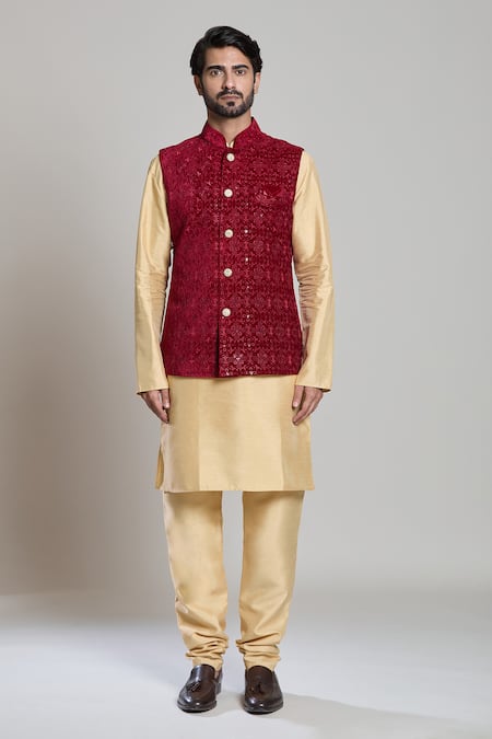 Arihant Rai Sinha_Maroon Velvet Embroidery, Sequins Floral Nehru Jacket _at_Aza_Fashions