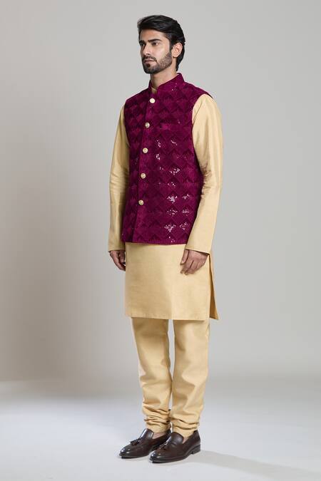 Arihant Rai Sinha_Wine Velvet Sequins Geometric Thread Embroidered Nehru Jacket _Online_at_Aza_Fashions