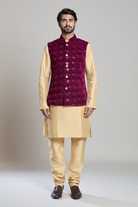 Buy_Arihant Rai Sinha_Wine Velvet Sequins Geometric Thread Embroidered Nehru Jacket 