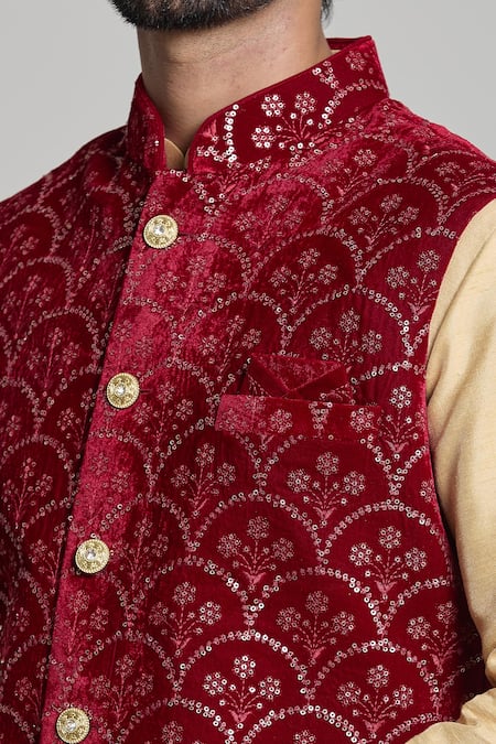 Arihant Rai Sinha_Maroon Velvet Embroidery, Sequins Floral Nehru Jacket _Online_at_Aza_Fashions