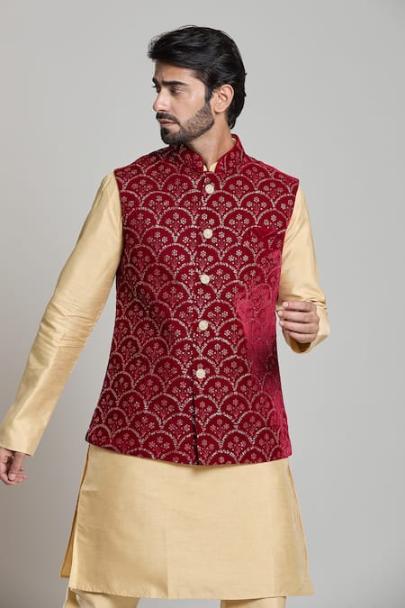 Buy_Arihant Rai Sinha_Maroon Velvet Embroidery, Sequins Floral Nehru Jacket _Online_at_Aza_Fashions