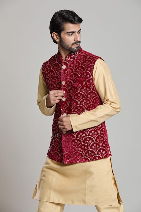 Shop_Arihant Rai Sinha_Maroon Velvet Embroidery, Sequins Floral Nehru Jacket _Online_at_Aza_Fashions
