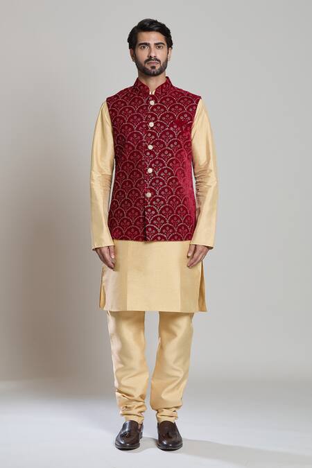 Buy_Arihant Rai Sinha_Maroon Velvet Embroidery, Sequins Floral Nehru Jacket 