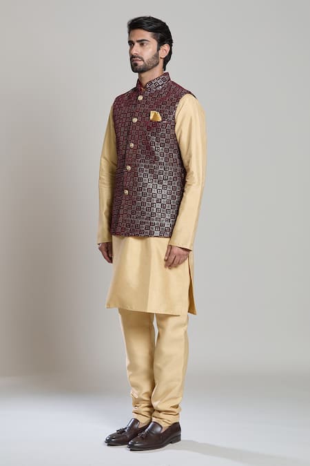 Arihant Rai Sinha_Maroon Velvet Sequins, Embroidery Nehru Jacket _Online_at_Aza_Fashions