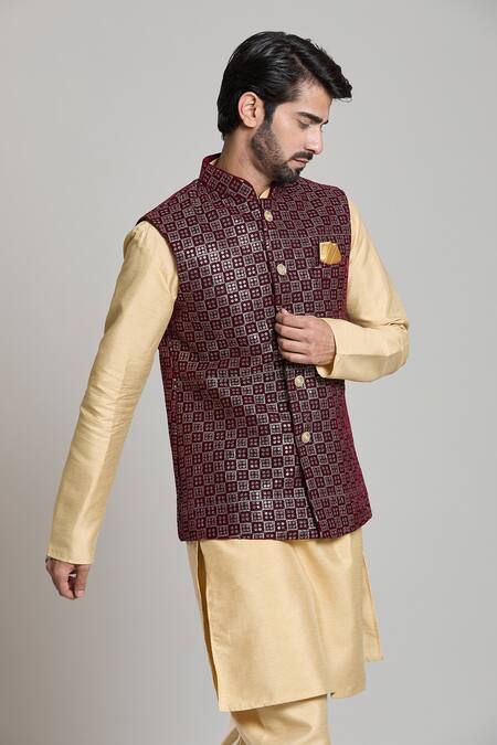Buy_Arihant Rai Sinha_Maroon Velvet Sequins, Embroidery Nehru Jacket _Online_at_Aza_Fashions