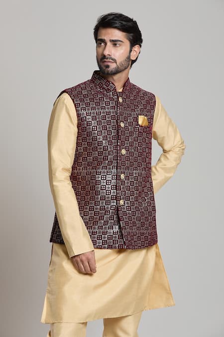 Shop_Arihant Rai Sinha_Maroon Velvet Sequins, Embroidery Nehru Jacket _Online_at_Aza_Fashions