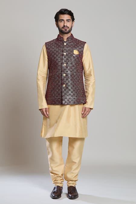 Buy_Arihant Rai Sinha_Maroon Velvet Sequins, Embroidery Nehru Jacket 