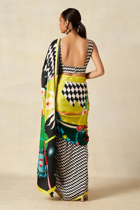 Shop_Gulabo By Abu Sandeep_Multi Color Modal, Satin Checkerboard Bloom Print Pre-draped Saree _at_Aza_Fashions