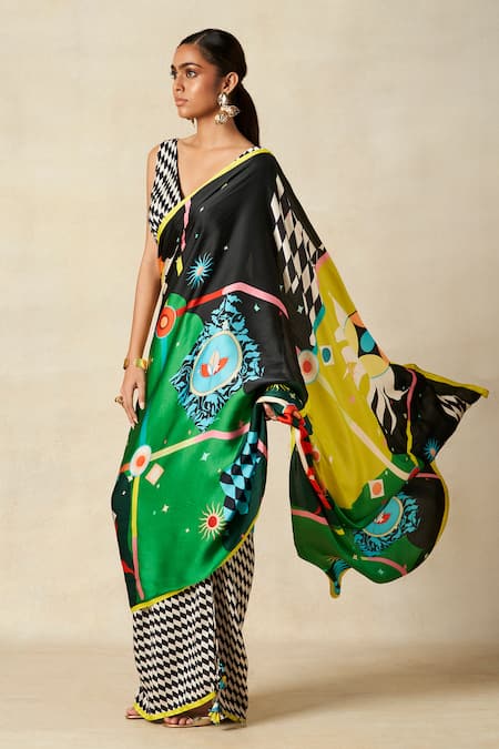 Gulabo By Abu Sandeep_Multi Color Modal, Satin Checkerboard Bloom Print Pre-draped Saree _Online_at_Aza_Fashions