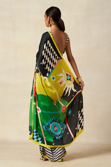 Buy_Gulabo By Abu Sandeep_Multi Color Modal, Satin Checkerboard Bloom Print Pre-draped Saree _Online_at_Aza_Fashions