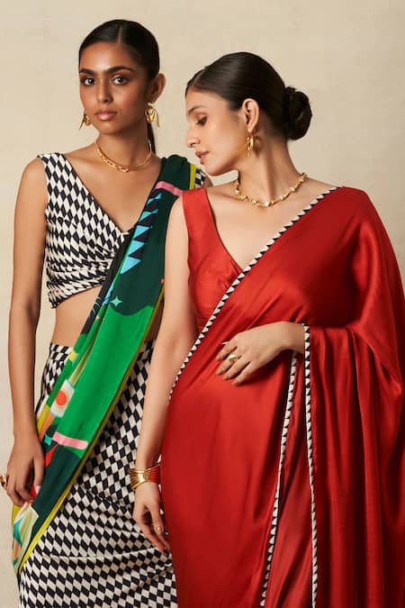 Shop_Gulabo By Abu Sandeep_Multi Color Modal, Satin Checkerboard Bloom Print Pre-draped Saree _Online_at_Aza_Fashions