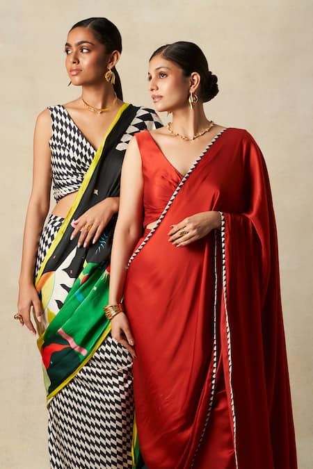 Gulabo By Abu Sandeep_Multi Color Modal, Satin Checkerboard Bloom Print Pre-draped Saree _at_Aza_Fashions