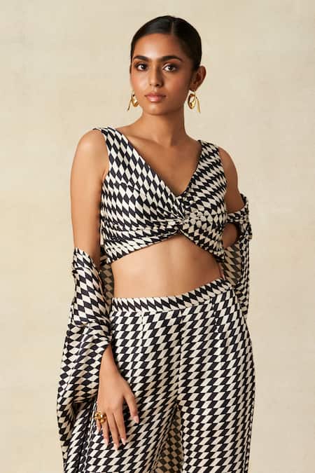 Gulabo By Abu Sandeep_Black Modal, Satin V-neck Twisted Checkerboard Print Blouse _Online_at_Aza_Fashions