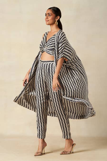 Buy_Gulabo By Abu Sandeep_Black Modal, Satin V-neck Twisted Checkerboard Print Blouse _Online_at_Aza_Fashions