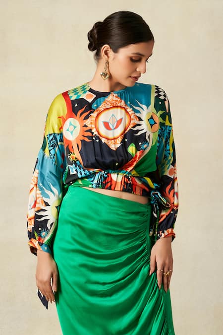 Gulabo By Abu Sandeep Multi Color Modal Collared Mosaic Bloom Print Blouson Top 