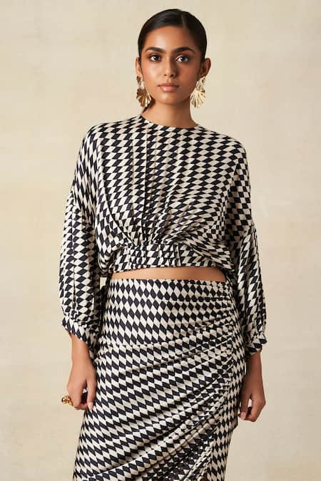 Gulabo by Abu Sandeep Black & White Checkerboard Blouson Top 