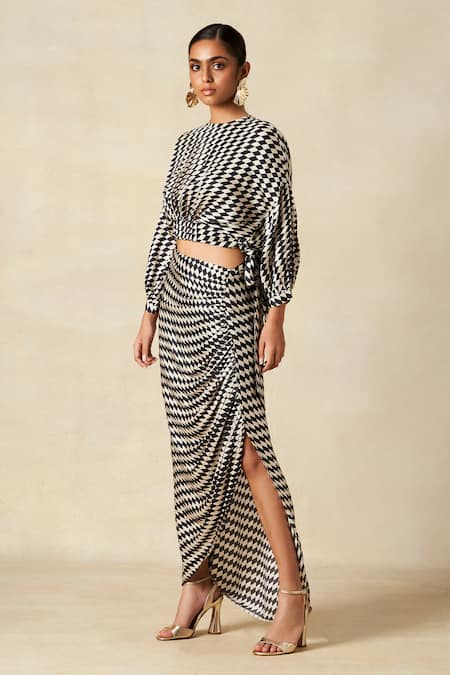 Shop_Gulabo By Abu Sandeep_Black Modal And White Checkerboard Blouson Top _Online_at_Aza_Fashions