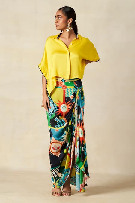 Gulabo By Abu Sandeep_Multi Color Modal Mosaic Bloom Print Draped Skirt _Online_at_Aza_Fashions