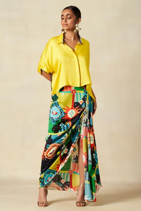 Buy_Gulabo By Abu Sandeep_Multi Color Modal Mosaic Bloom Print Draped Skirt _Online_at_Aza_Fashions