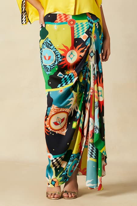 Gulabo By Abu Sandeep_Multi Color Modal Mosaic Bloom Print Draped Skirt _at_Aza_Fashions