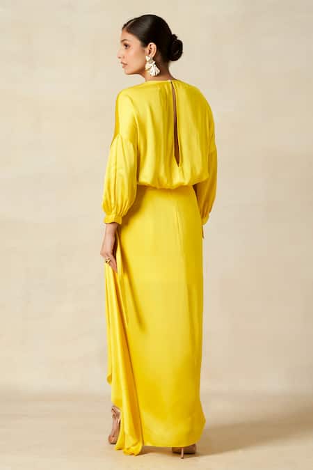 Shop Gulabo By Abu Sandeep Yellow Modal, Satin Solid Draped Skirt at Aza Fashions Shop_Gulabo By Abu Sandeep_Yellow Modal, Satin Solid Draped Skirt _at_Aza_Fashions