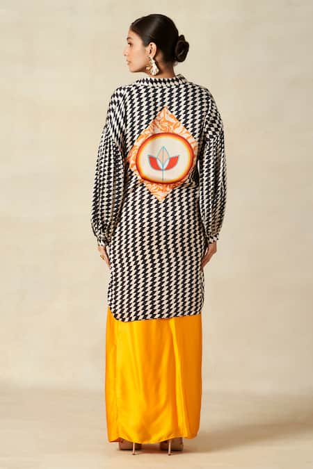 Shop_Gulabo By Abu Sandeep_Yellow Modal, Satin Plain Draped Skirt _at_Aza_Fashions