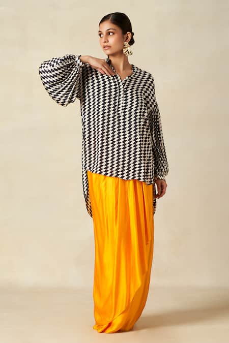 Gulabo By Abu Sandeep_Yellow Modal, Satin Plain Draped Skirt _Online_at_Aza_Fashions