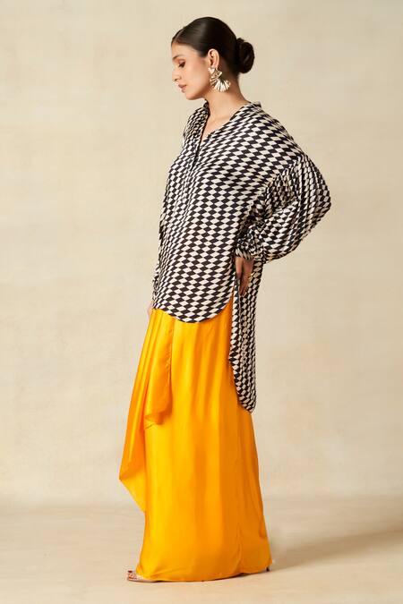 Shop_Gulabo By Abu Sandeep_Yellow Modal, Satin Plain Draped Skirt _Online_at_Aza_Fashions