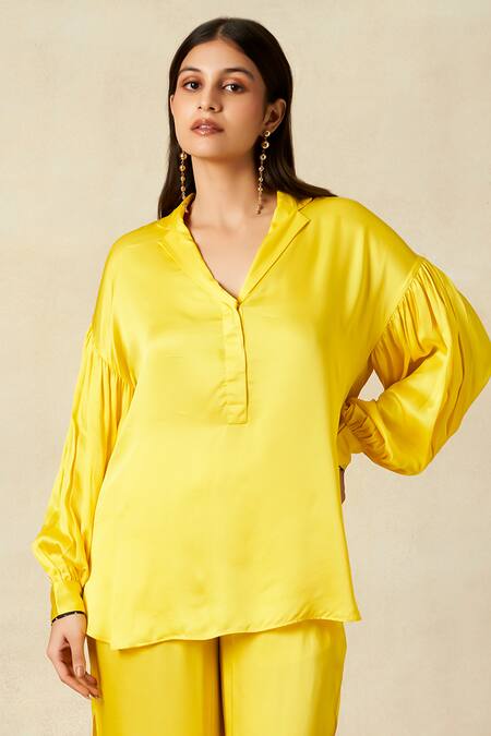 Gulabo By Abu Sandeep Yellow Modal, Satin Collared Solid High Low Tunic And Pant Set Online at Aza Fashions Gulabo By Abu Sandeep_Yellow Modal, Satin Collared Solid High Low Tunic And Pant Set _Online_at_Aza_Fashions