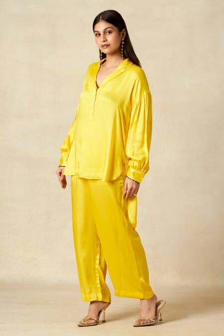 Shop Gulabo By Abu Sandeep Yellow Modal, Satin Collared Solid High Low Tunic And Pant Set Online at Aza Fashions Shop_Gulabo By Abu Sandeep_Yellow Modal, Satin Collared Solid High Low Tunic And Pant Set _Online_at_Aza_Fashions