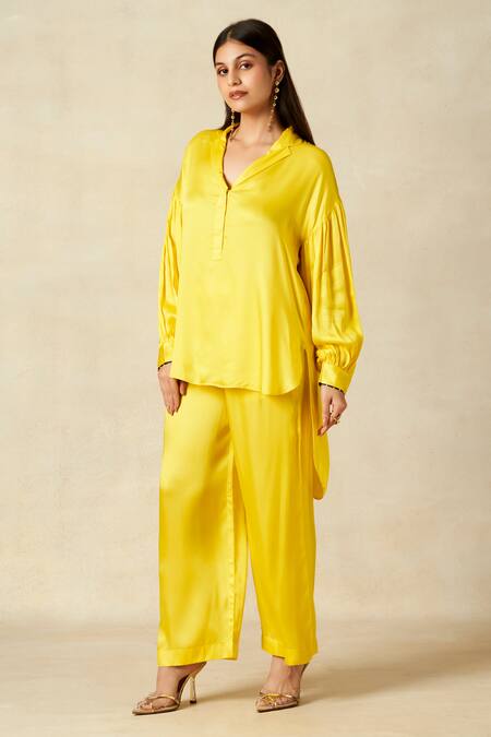 Gulabo By Abu Sandeep Yellow Modal, Satin Collared Solid High Low Tunic And Pant Set at Aza Fashions Gulabo By Abu Sandeep_Yellow Modal, Satin Collared Solid High Low Tunic And Pant Set _at_Aza_Fashions