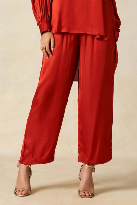 Buy_Gulabo By Abu Sandeep_Red Modal, Satin Collared High Low Tunic And Pant Set _Online_at_Aza_Fashions