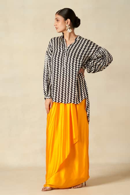 Buy_Gulabo By Abu Sandeep_Black Modal, Satin Embroidery Mandarin Collar High Low Checkerboard Print Shirt _Online_at_Aza_Fashions